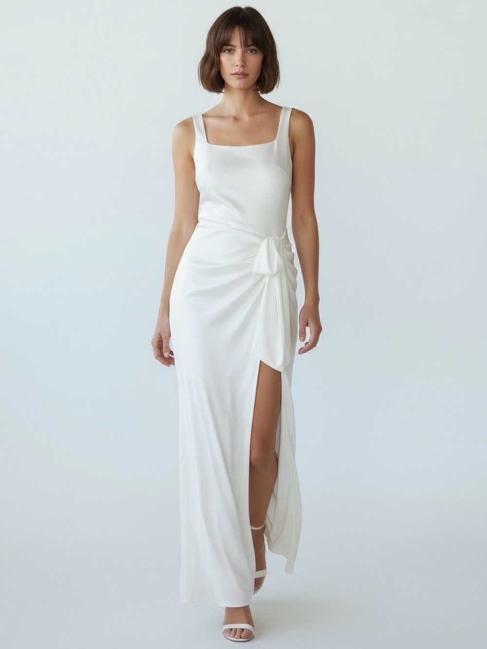 Mable Anthropologie White Satin Midi Asymmetrical Dress Bridal Shower Wedding